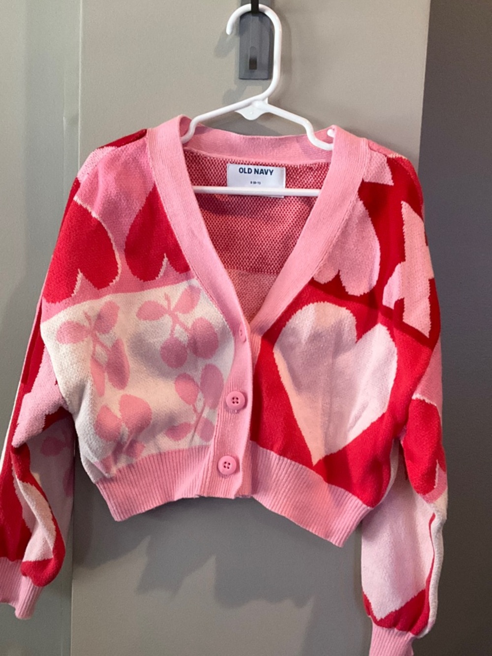 Old Navy Pink & Red Heart-Print Cropped Cardigan